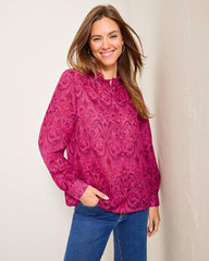 Seaside Ikat Long-Sleeve Ruffle-Neck Top