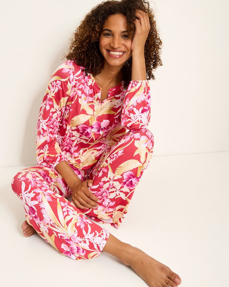 Jersey Split-Neck Long Sleeve & Pants Pajama Set
