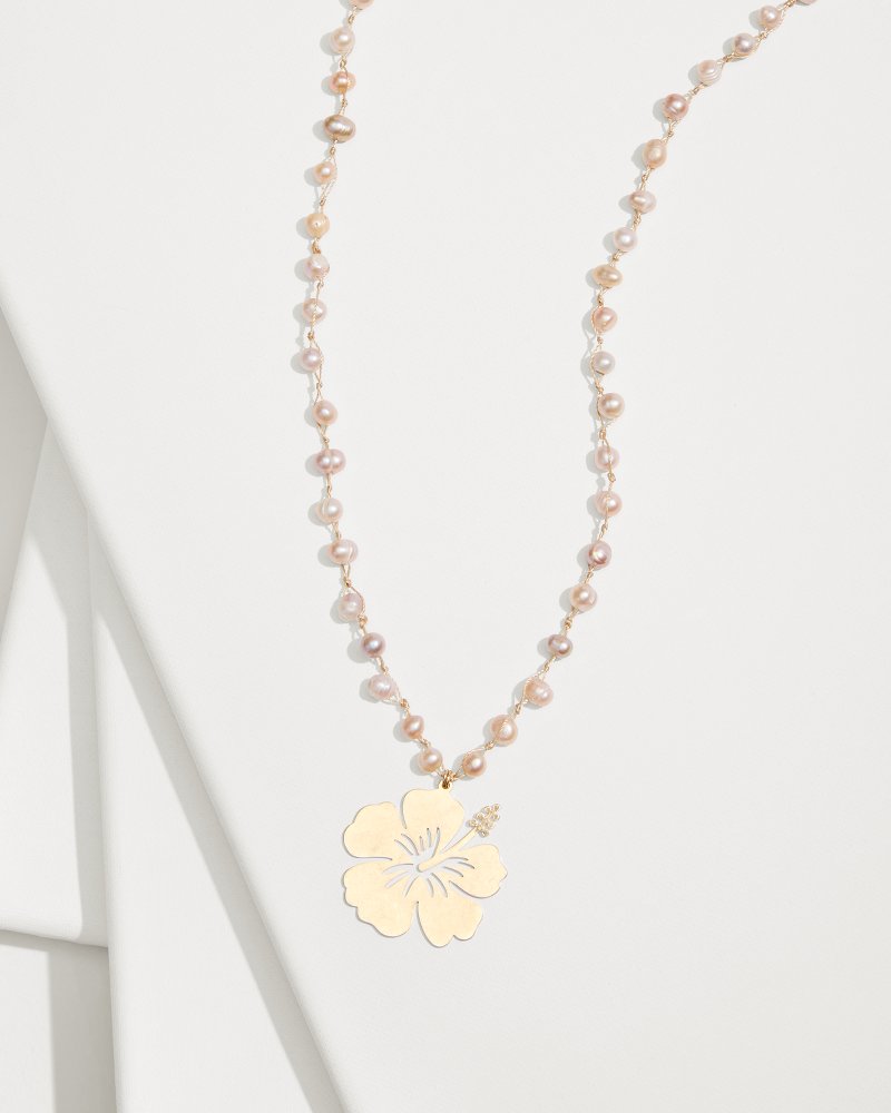 Tropical Blooms Hibiscus Pendant Pearl Necklace