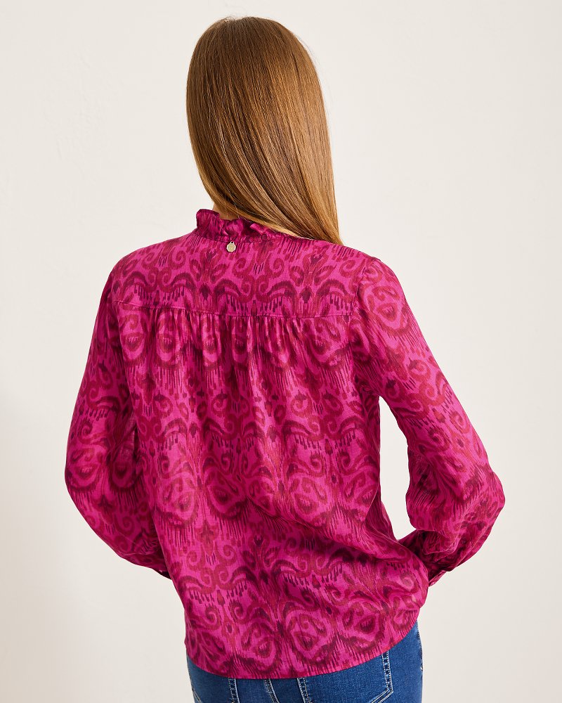 Seaside Ikat Long-Sleeve Ruffle-Neck Top