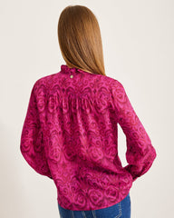 Seaside Ikat Long-Sleeve Ruffle-Neck Top