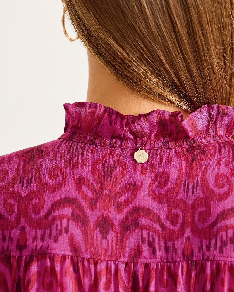 Seaside Ikat Long-Sleeve Ruffle-Neck Top