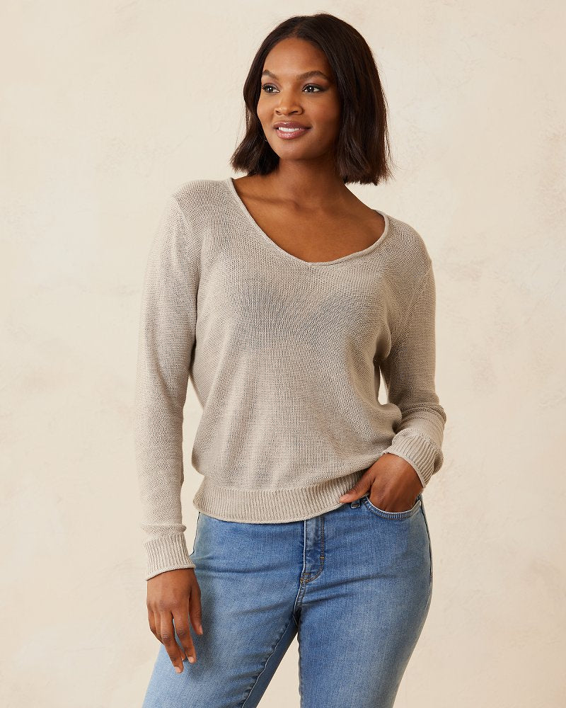 Cedar Linen Long-Sleeve V-Neck Sweater