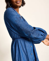 Indigo Cove Embroidered Midi Dress